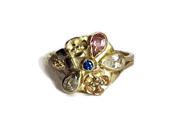 18ct yellow gold artisan multi colour sapphire cocktail ring, on white background