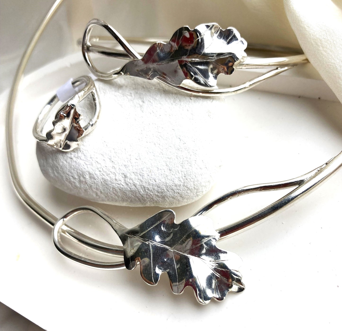 necklace, bangle and ring with oak leaf theme in sterling silver