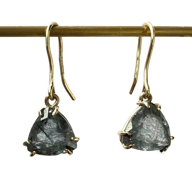 Trillion Cut Rutilated Quartz Gold Drop Earrings