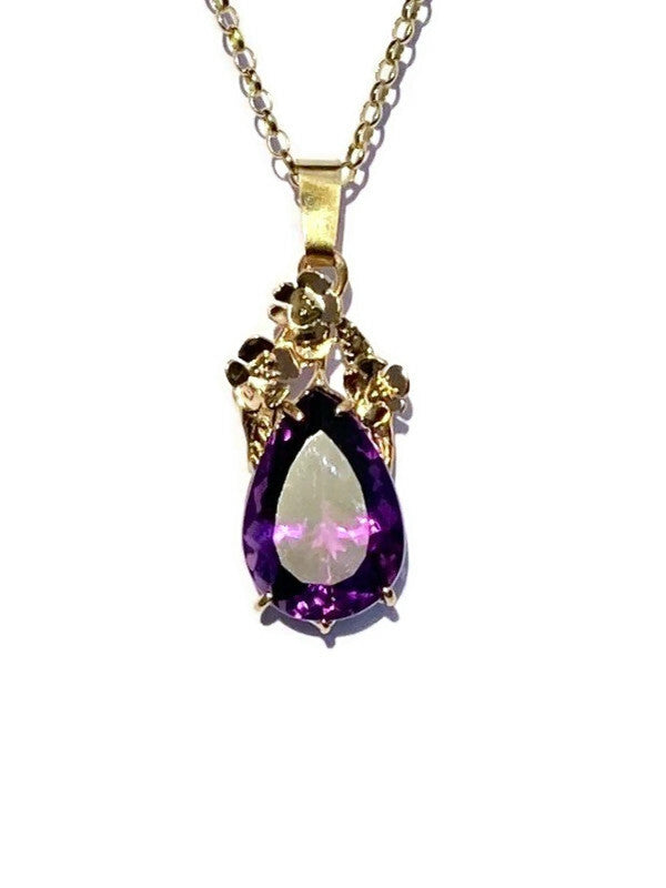 Fabulous Pear Shape Amethyst Gold Floral Pendant Necklace