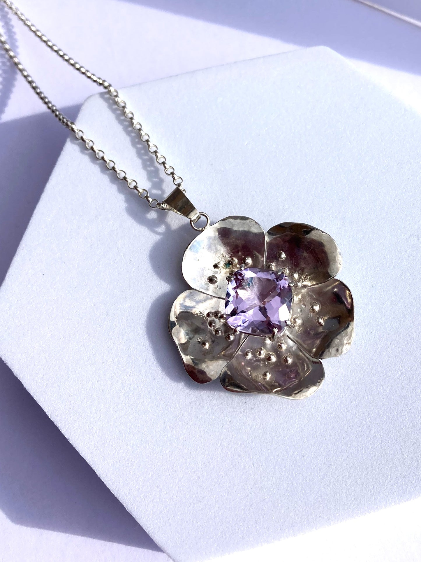Statement Amethyst Rose Pendant on Long Chain