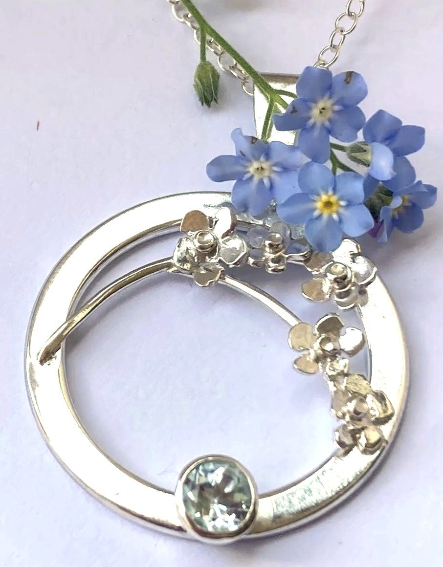 Blue Topaz Forget-me-Not Sprig Circle Pendant