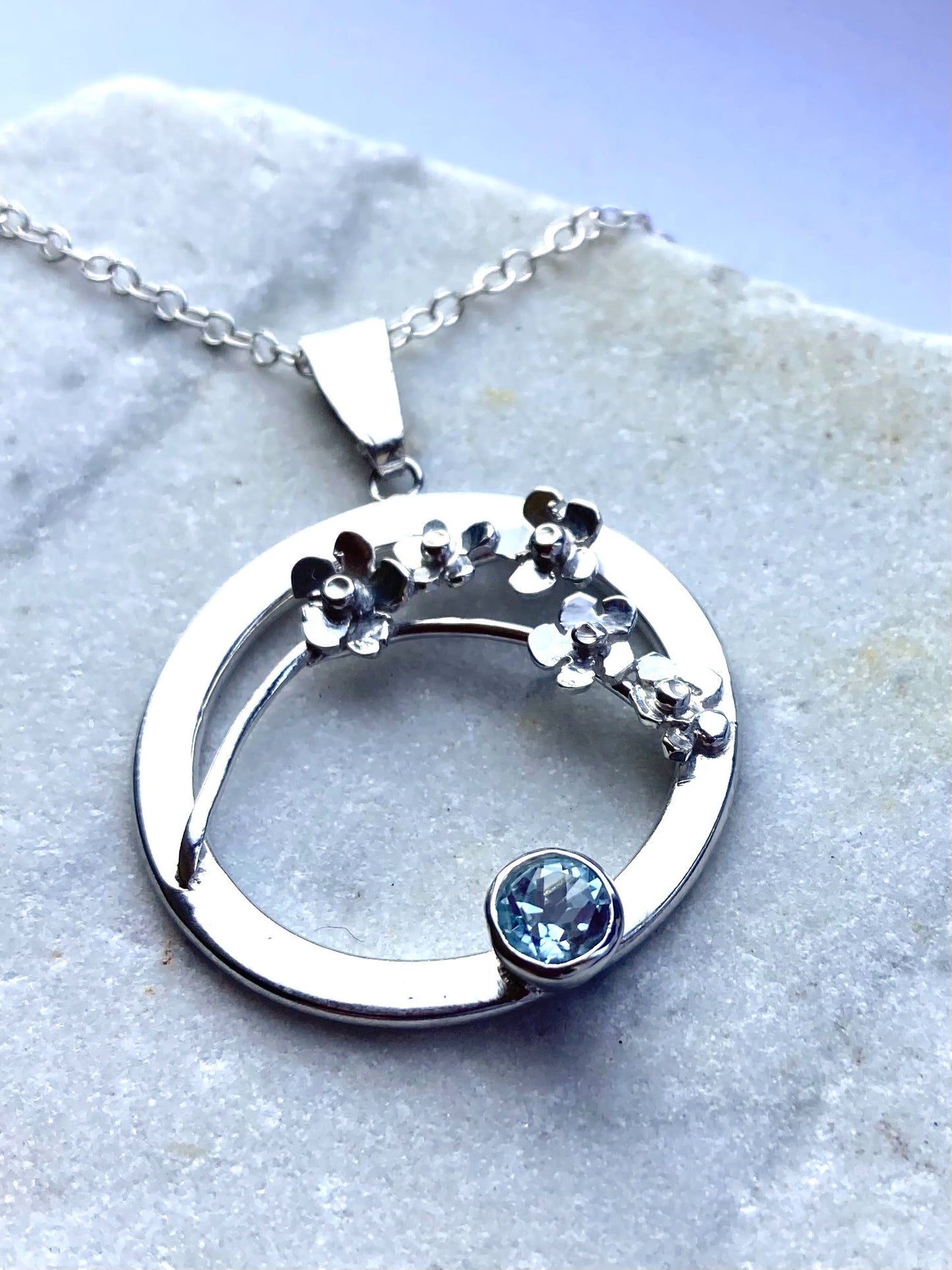 Blue Topaz Forget-me-Not Sprig Circle Pendant