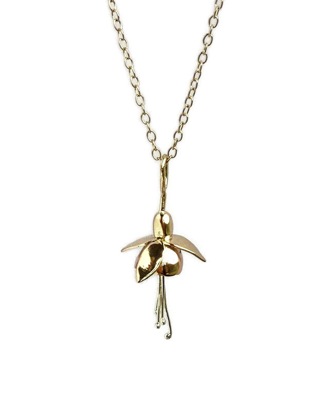 Botanical Fuchsia necklace in three colour gold on white background