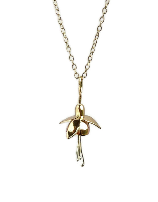 Botanical Fuchsia necklace in three colour gold on white background