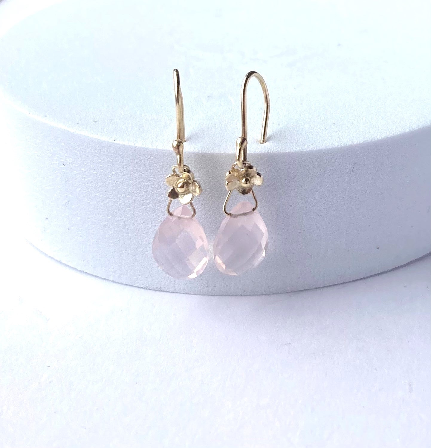 dainty handmade gold floral drop earrings with chequerboard cut rose quartz