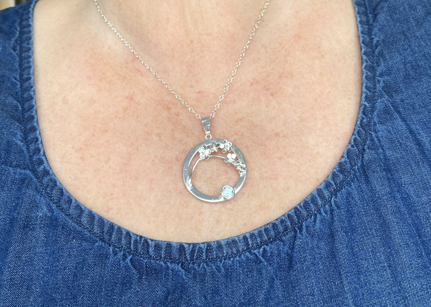 Blue Topaz Forget-me-Not Sprig Circle Pendant