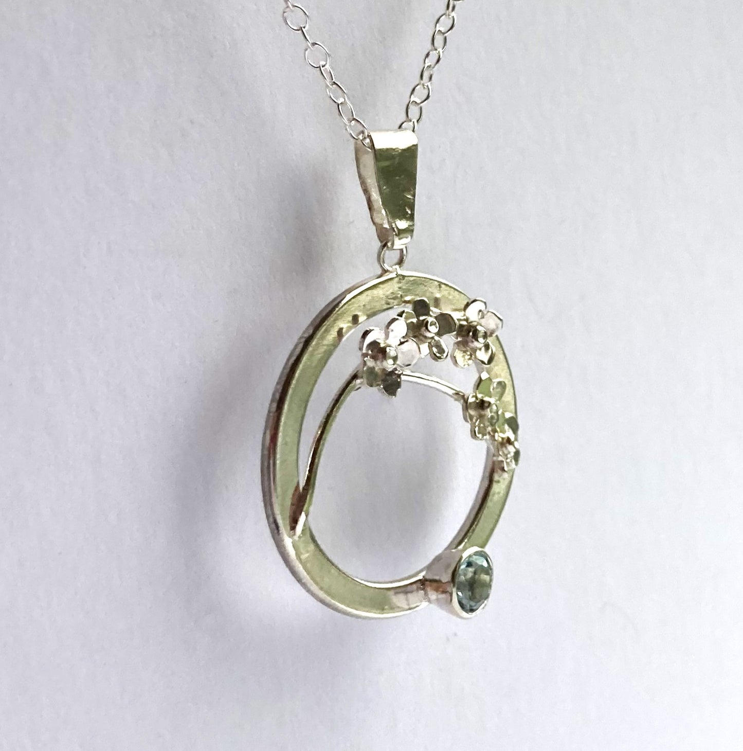 Blue Topaz Forget-me-Not Sprig Circle Pendant