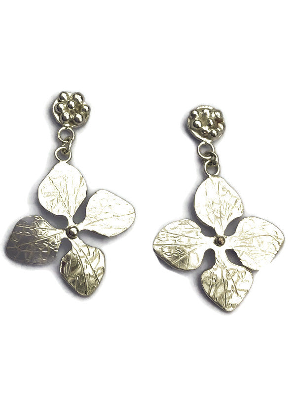 Pair of hydrangea petal floral drop earrings with stud fitting by Kim Styles