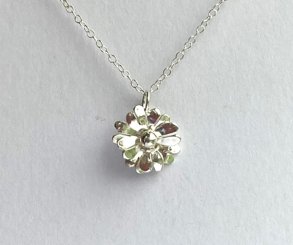 Double Petal Daisy Pendant hand made in sterling silver