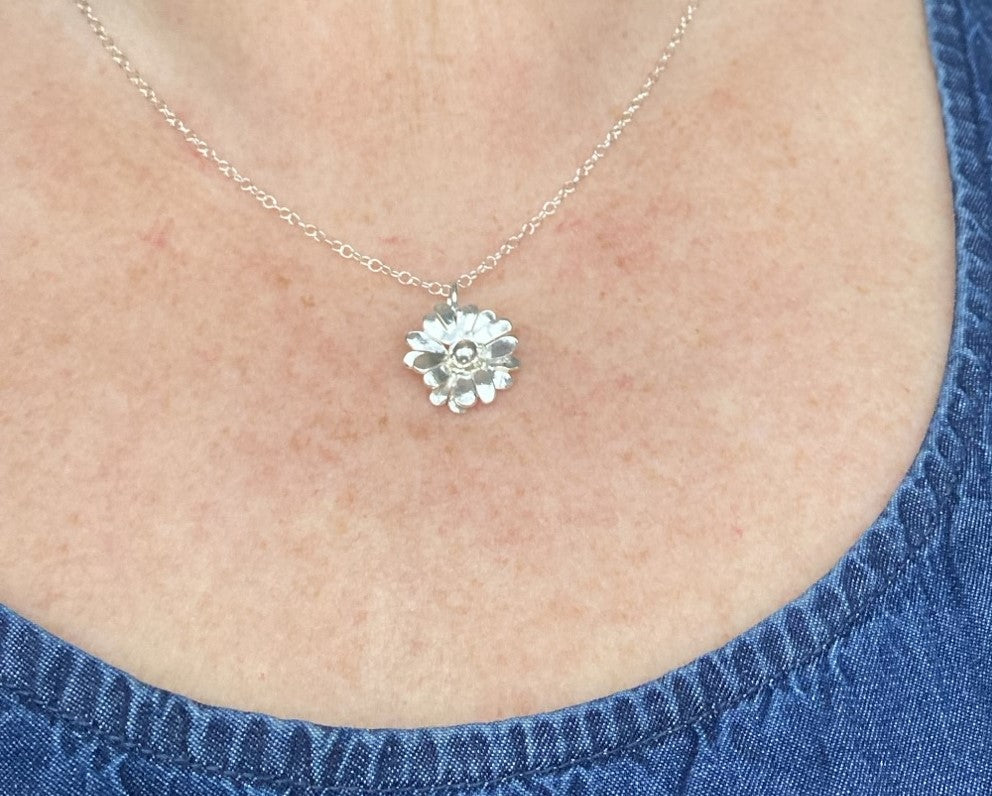 Double Petal Daisy Pendant hand made in sterling silver