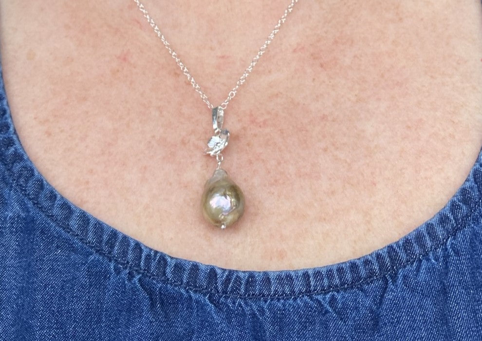 Golden Baroque Pearl floral Pendant, Matching Earrings Available