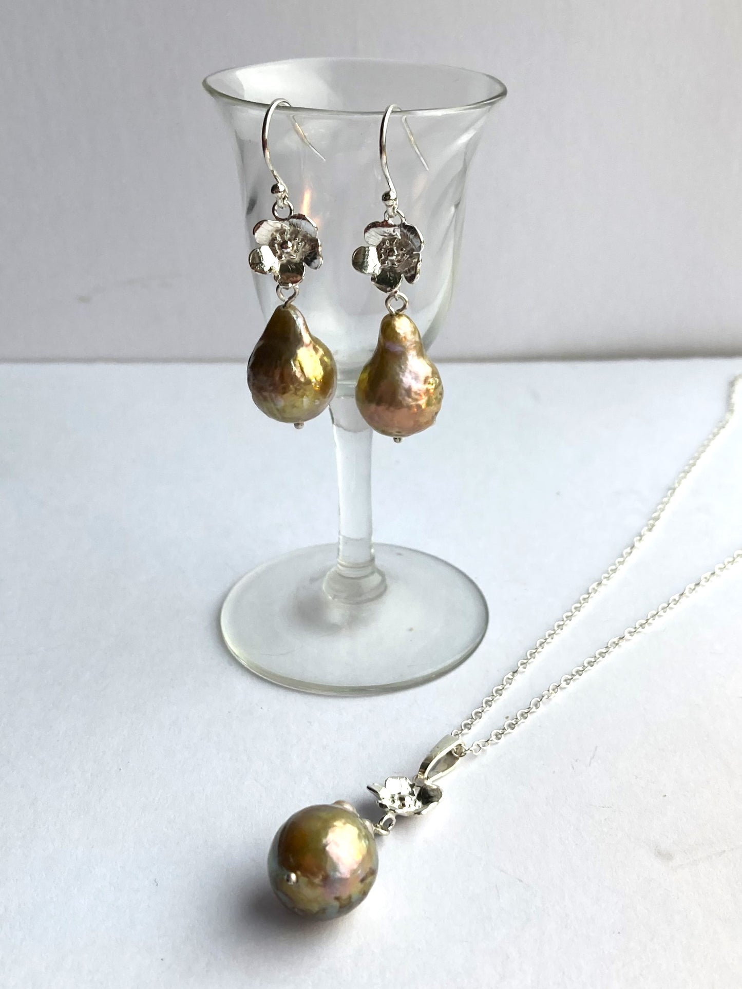 Golden Baroque Pearl floral Pendant, Matching Earrings Available