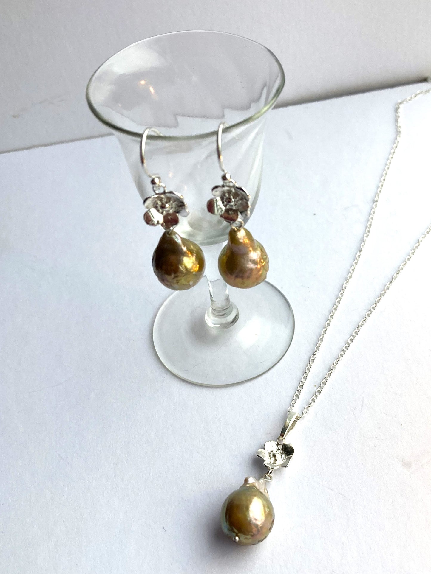 Golden Baroque Pearl floral Pendant, Matching Earrings Available