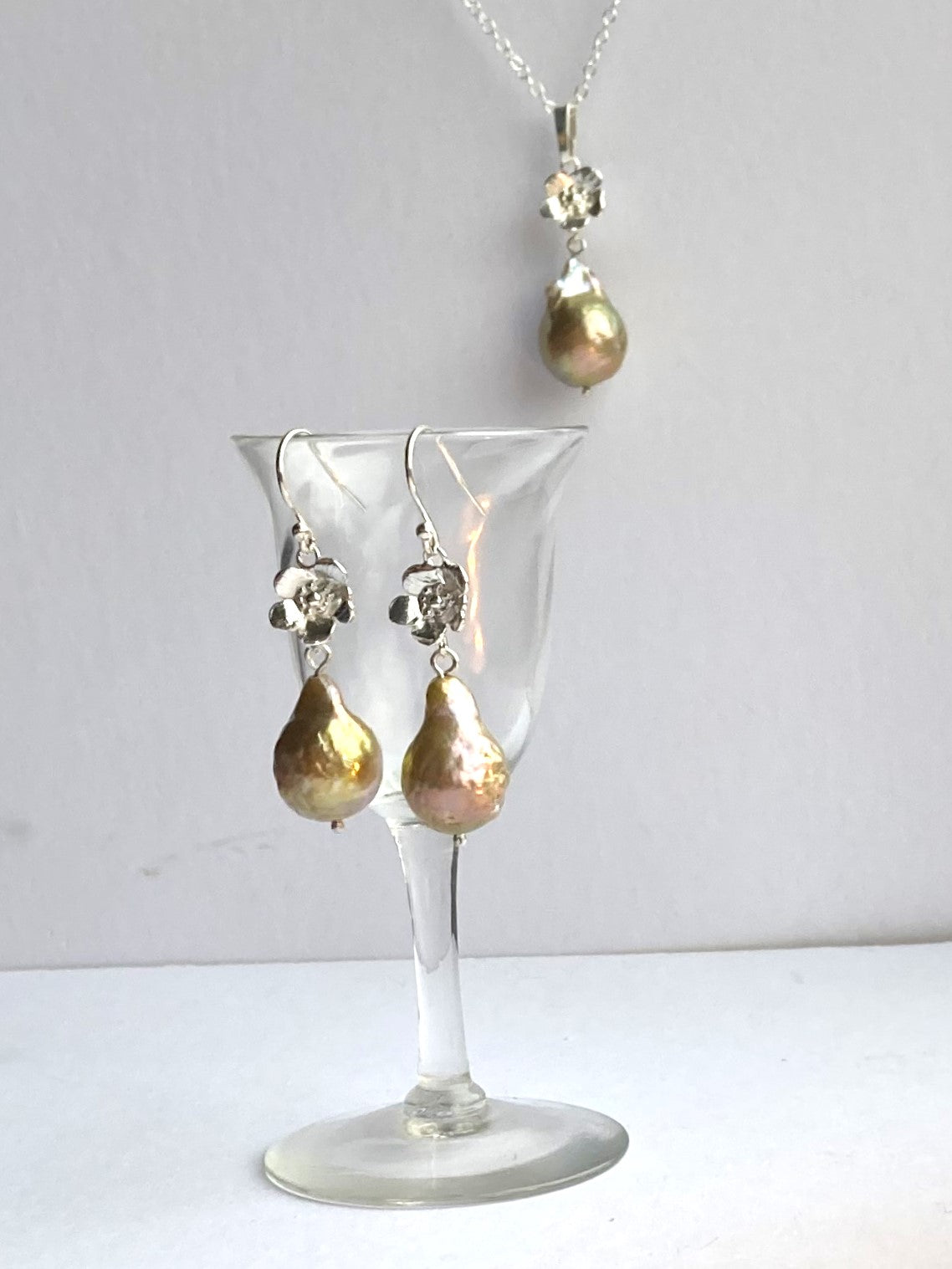 Golden Baroque Pearl floral Pendant, Matching Earrings Available
