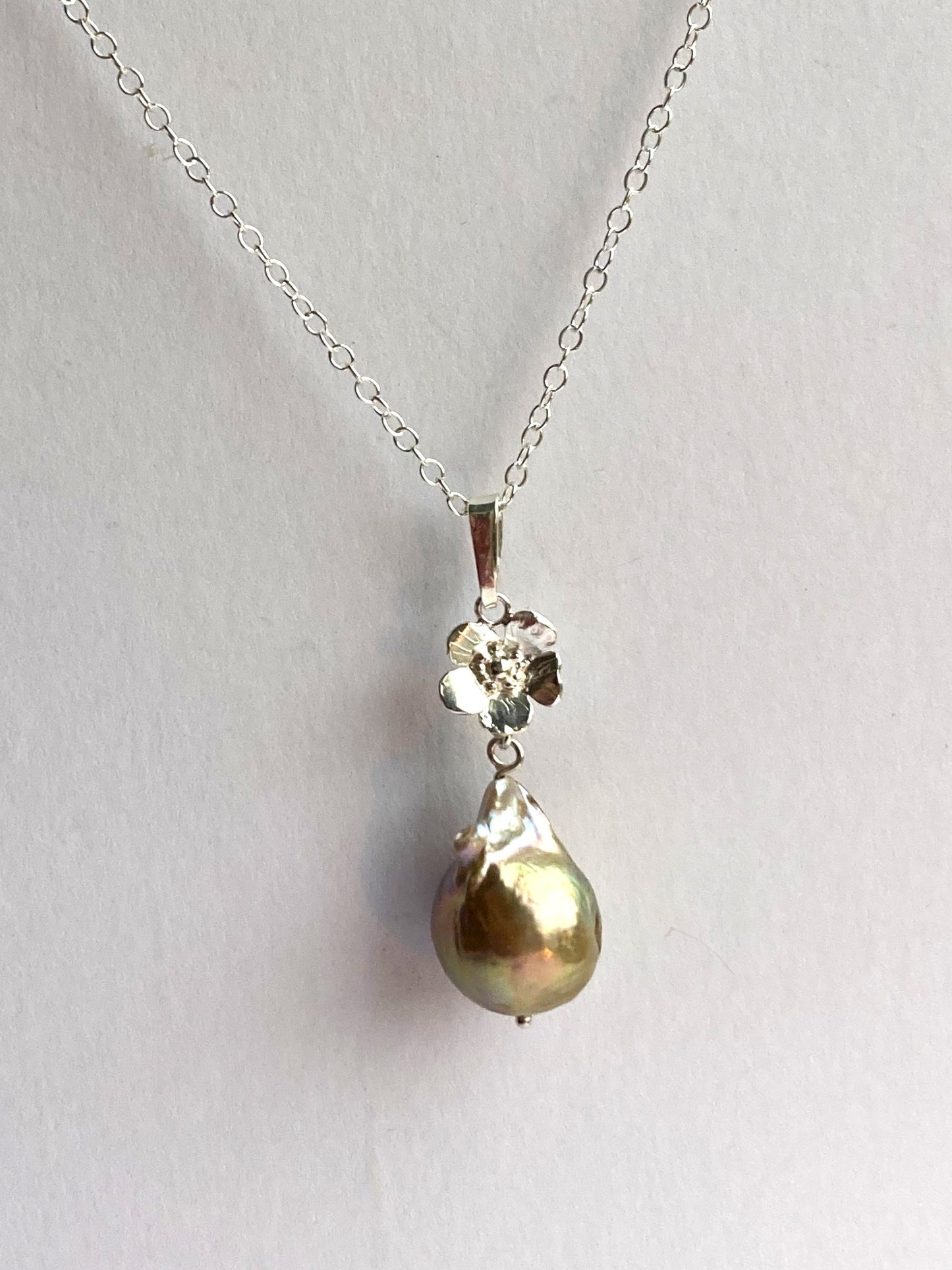 Golden Baroque Pearl floral Pendant, Matching Earrings Available