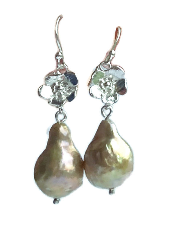 Golden Baroque Pearl Floral Drop Statement Earrings
