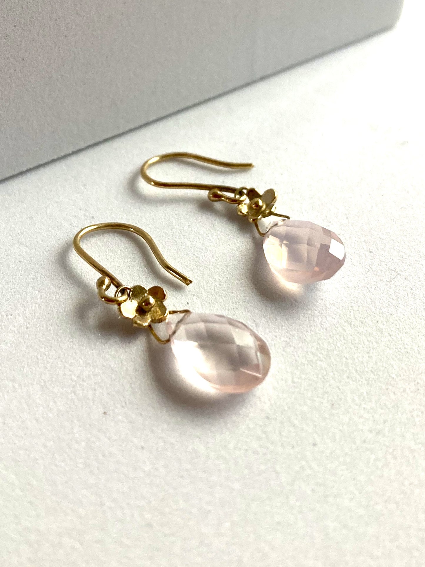 Gold Rose Quartz Briolette Floral Daisy Drop Earrings
