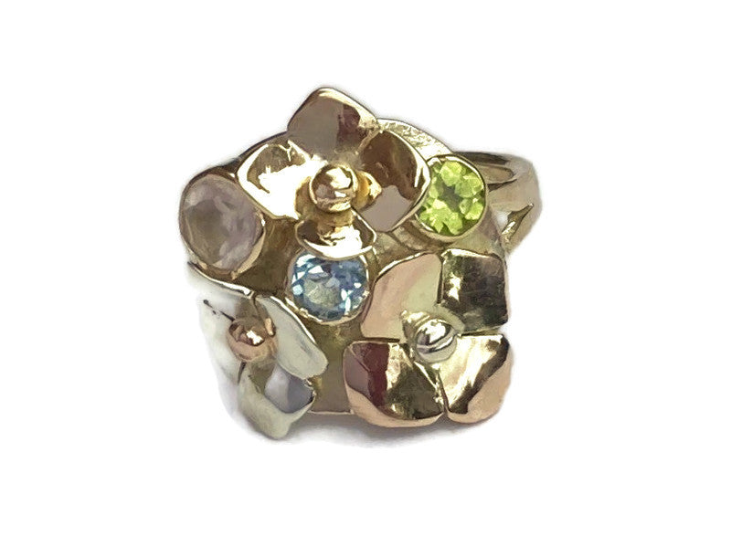 Three Colour Gold Hydrangea Floral Ring with Pastel Gemstones - handmade one of a kind