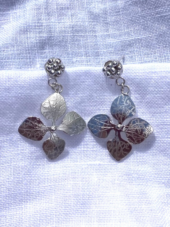 Hydrangea Drop Earrings, Floral Dangly Stud Earrings