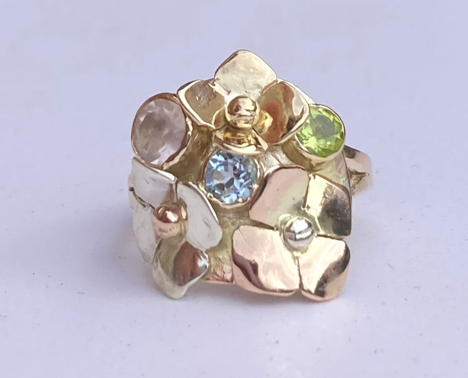 Three Colour Gold Hydrangea Floral Ring with Pastel Gemstones - handmade one of a kind