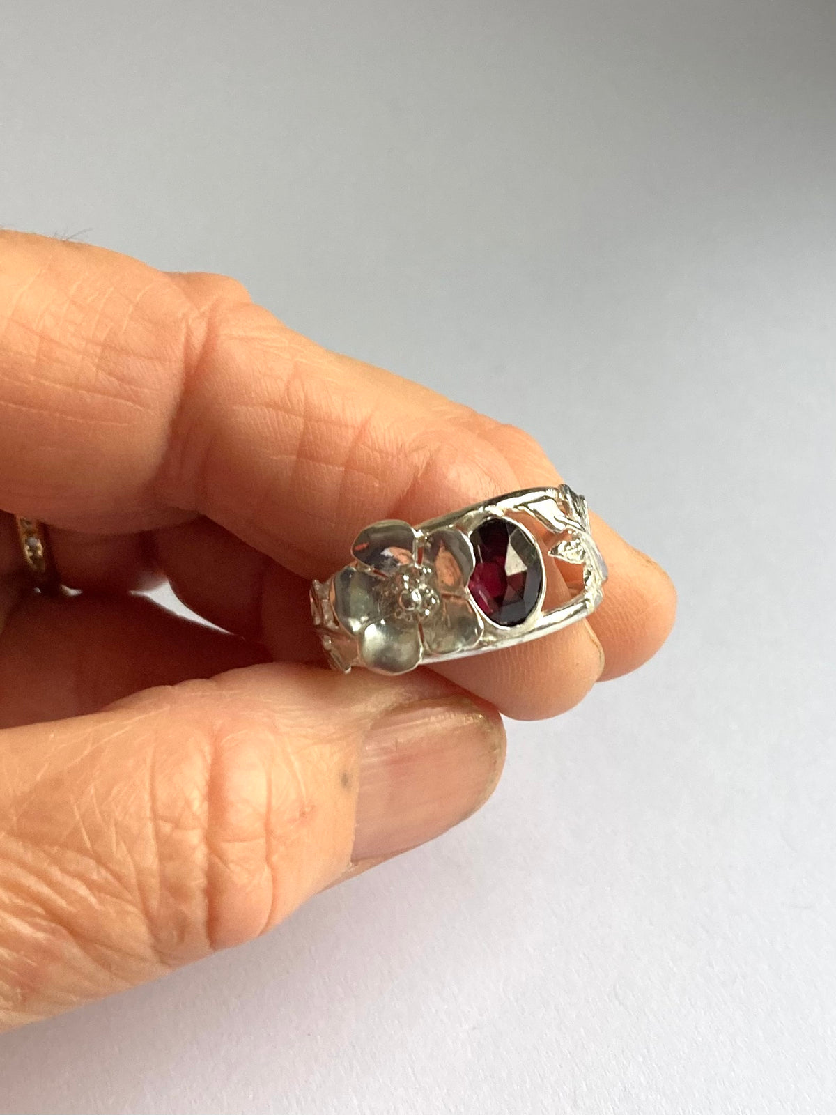 Greenwood Collection Asymmetric Garnet and Wild Rose Floral Cocktail Ring