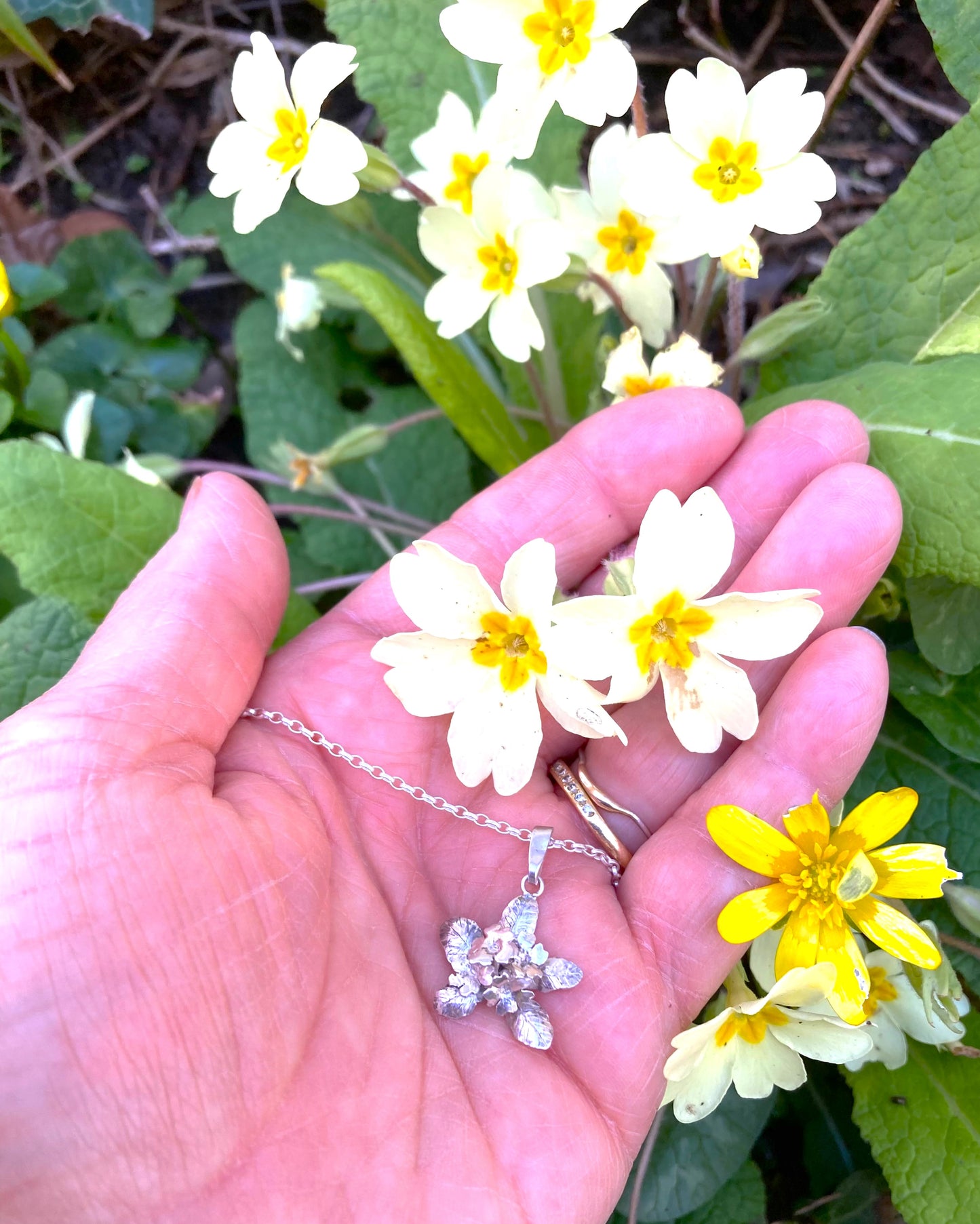 Tiny detailed Primrose Pendant, hand forged in sterling silver, One of a Kind