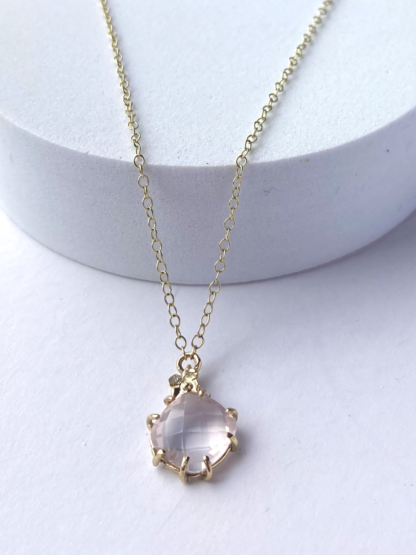 Pretty Pink Chequerboard Rose Quartz Pear Shape Drop Gold Earrings