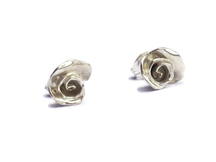 two silver rosebud stud earrings on white background