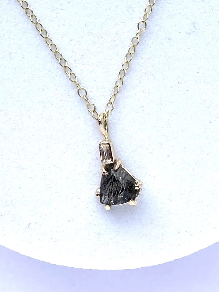 Trillion Rutilated Quartz and Baguette Diamond Gold Pendant