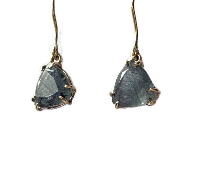 gold prong set  drop earrings set with triangle rutilated quartz , on white background