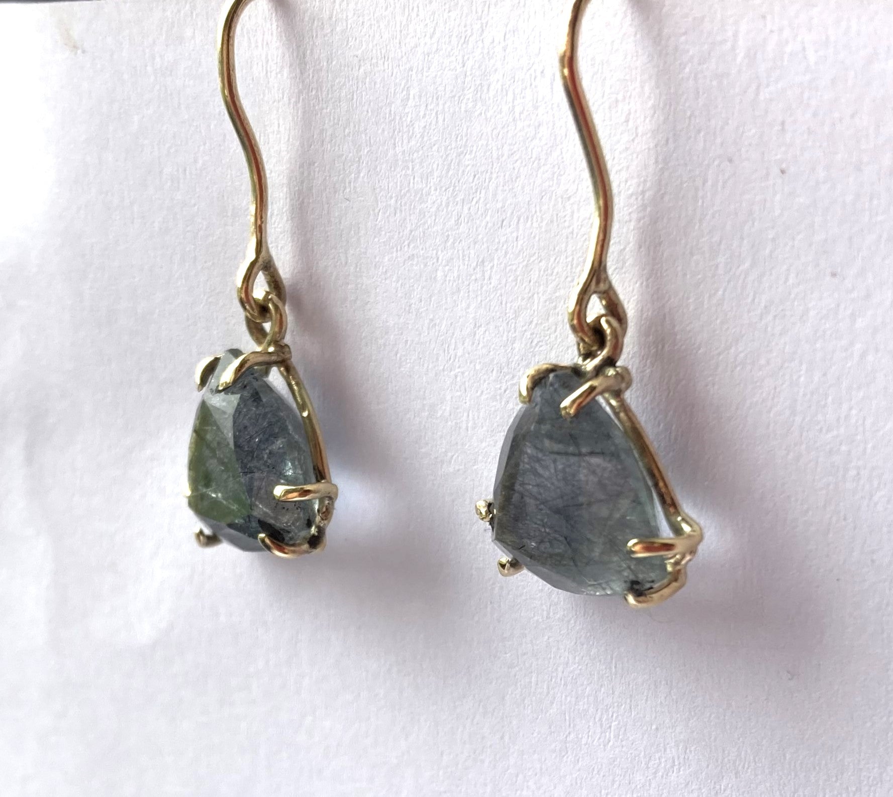 hand made gold prong dangle earrings set with Trillian rutilated quartz