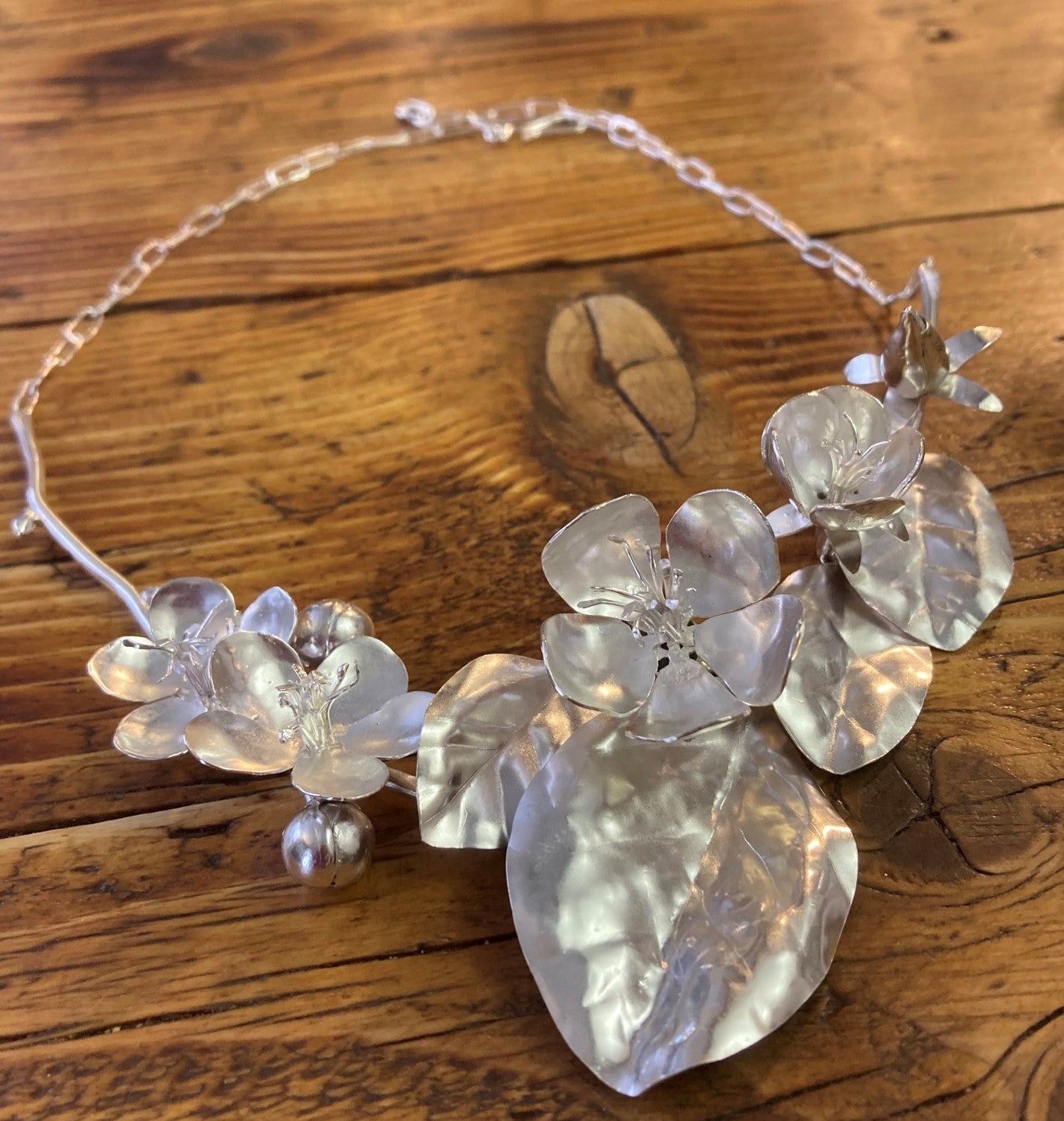 spring flowers botanical mother of the bride necklace, on wood background