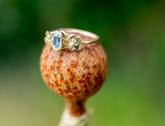 Blue Topaz Roses Solitaire Gold Ring