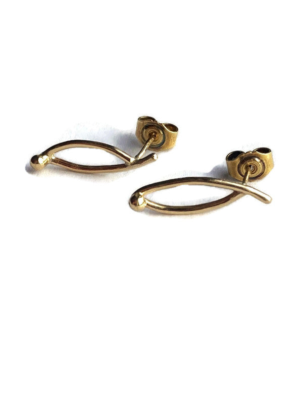 simple line gold stud earrings with large scroll fittings by Kim Styles Jewellery, on white background