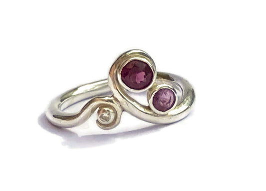 Deco inspired Ruby, Almandine Garnet and Diamond scroll ring, a one of a kind unusual silver ring
