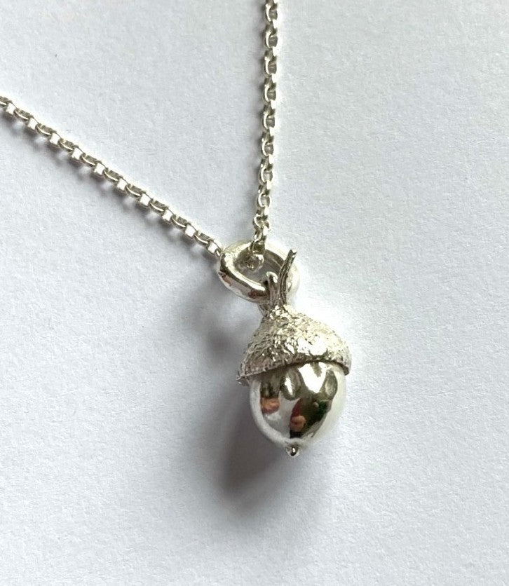 Tactile Tiny Acorn Pendant and chain, botanically accurate, sterling silver