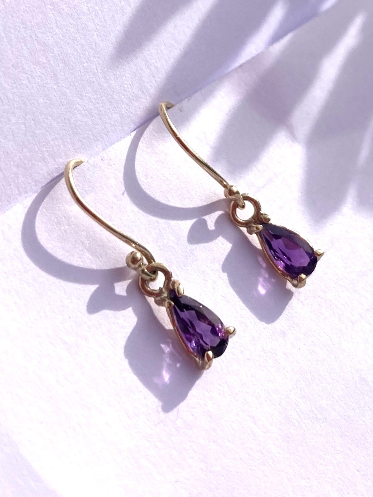 Gold Pear Shape Amethyst Hook Earrings