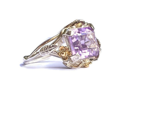 garden nature alternative engagement ring set with pale amethyst, scattered with gold flowers and silver leaves, a one of a kind sterling silver hand made floral artisan ring 