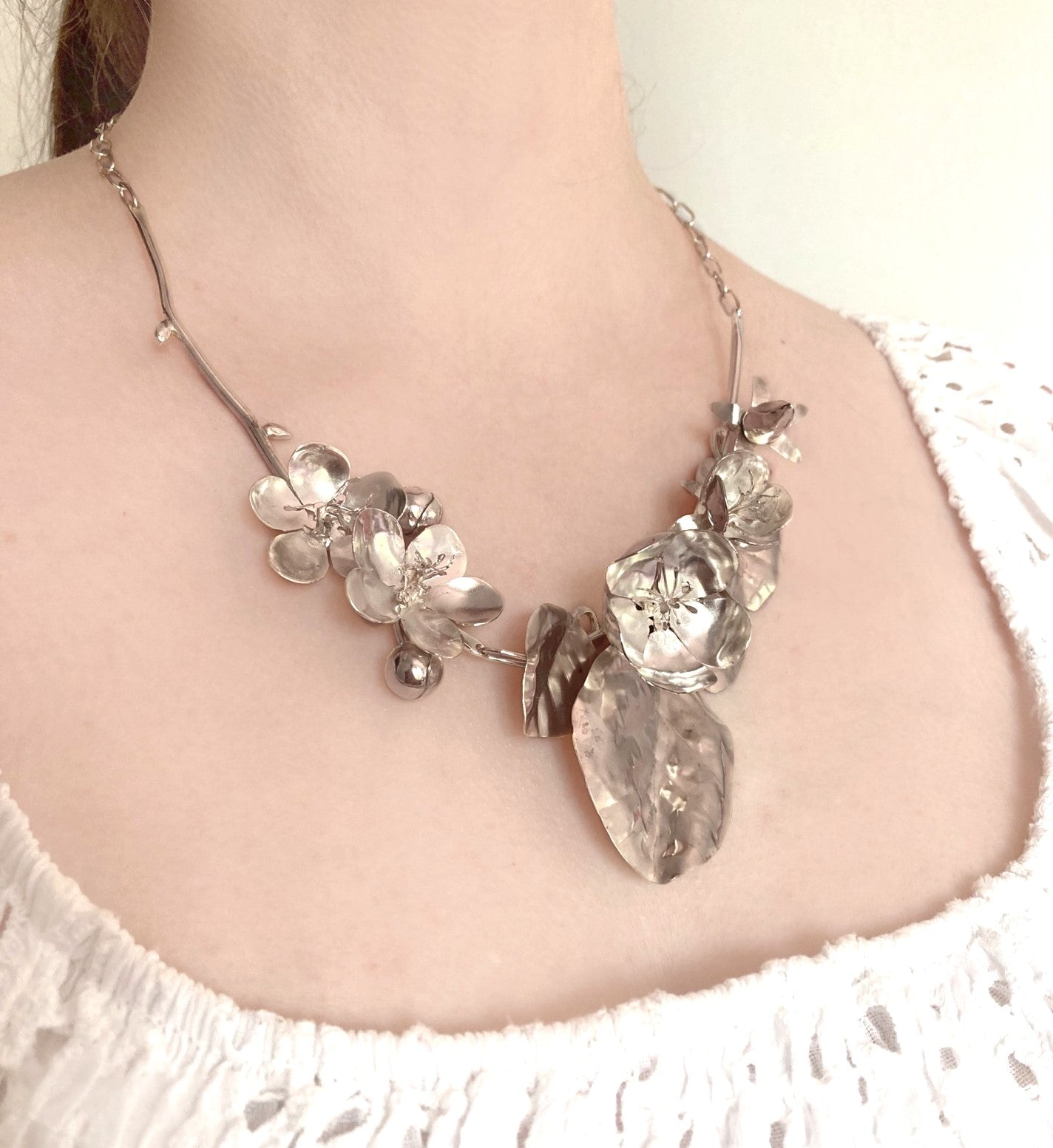 Quince and Apple Blossom statement botanical necklace hand forged in sterling silver