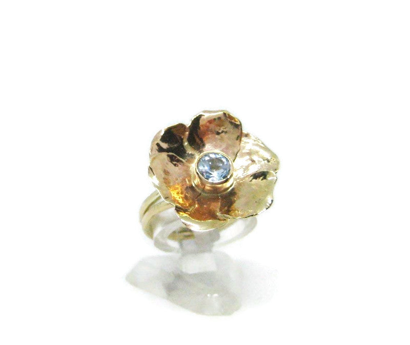 Statement Gold Rose Ring Set With Blue Topaz