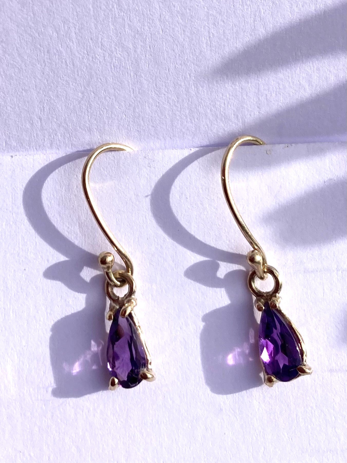 Gold Pear Shape Amethyst Hook Earrings