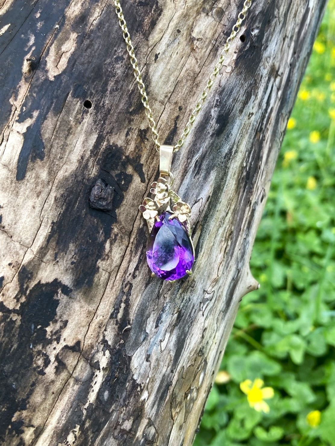 Fabulous Pear Shape Amethyst Gold Floral Pendant Necklace