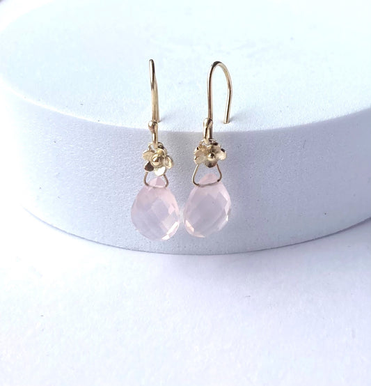 dainty handmade gold floral drop earrings with chequerboard cut rose quartz