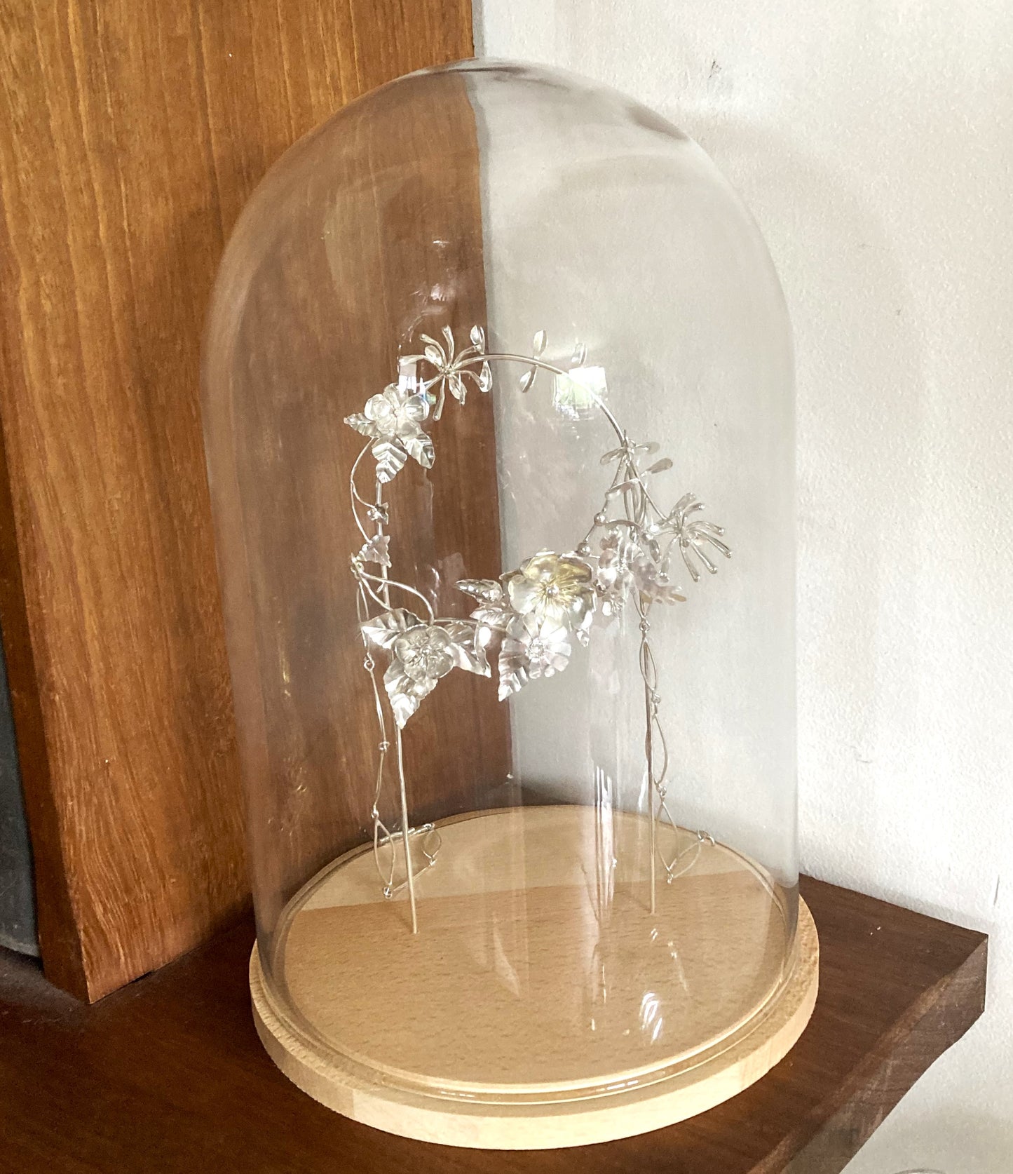 hedgerow wild flower sculpture in sterling silver under large glass dome by kim-styles-jewellery