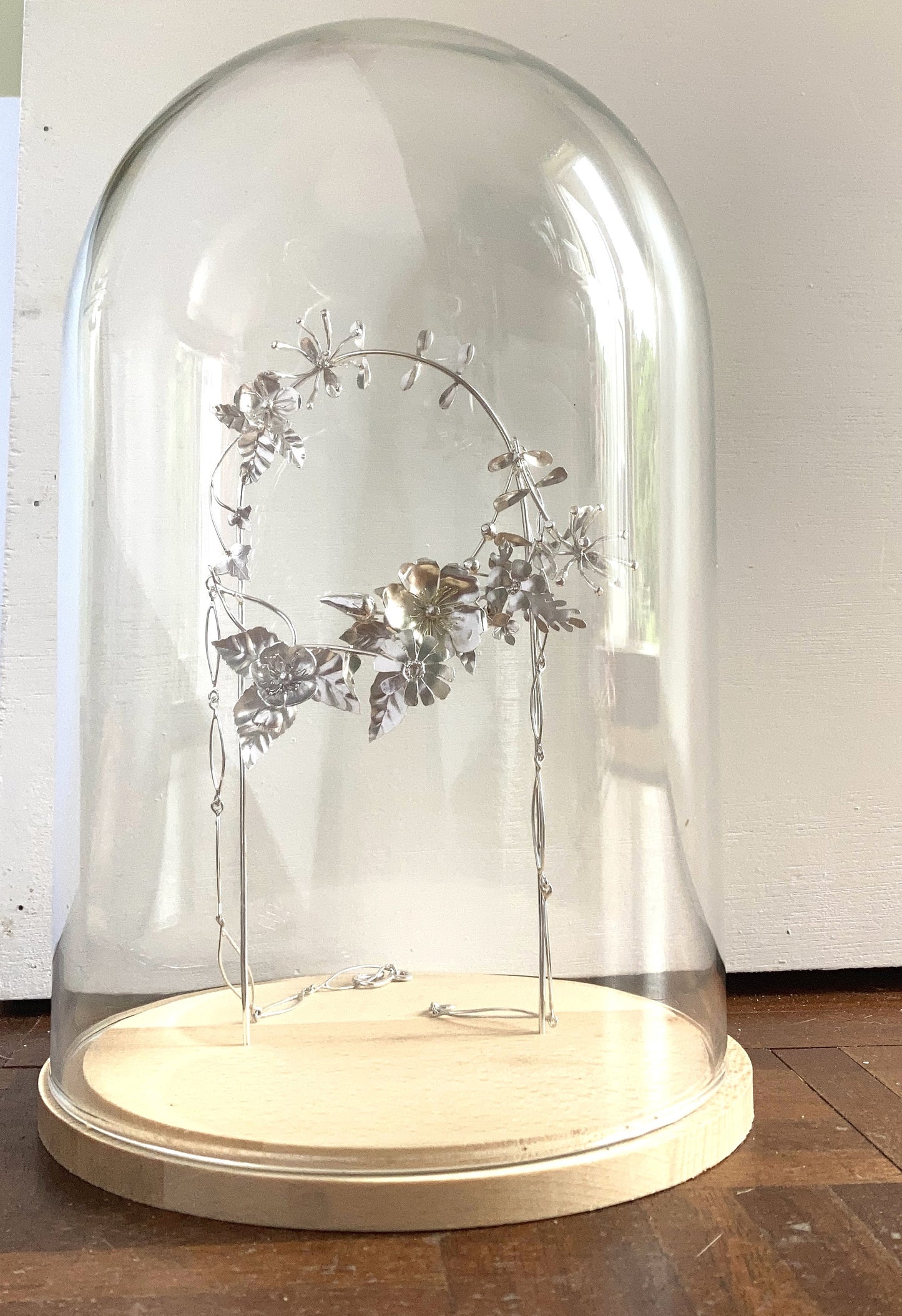 wildflower hedgerow flowers sculpture in sterling silver under a glass dome