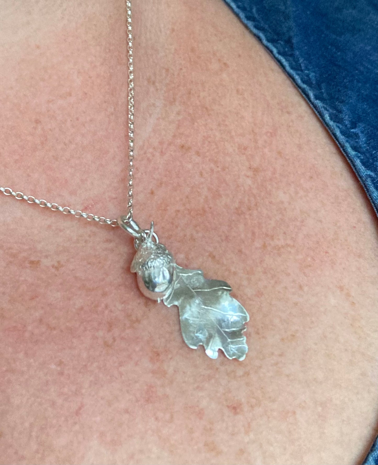 Tactile tiny Acorn Pendant with hand forged Oak Leaf, botanically accurate, sterling silver
