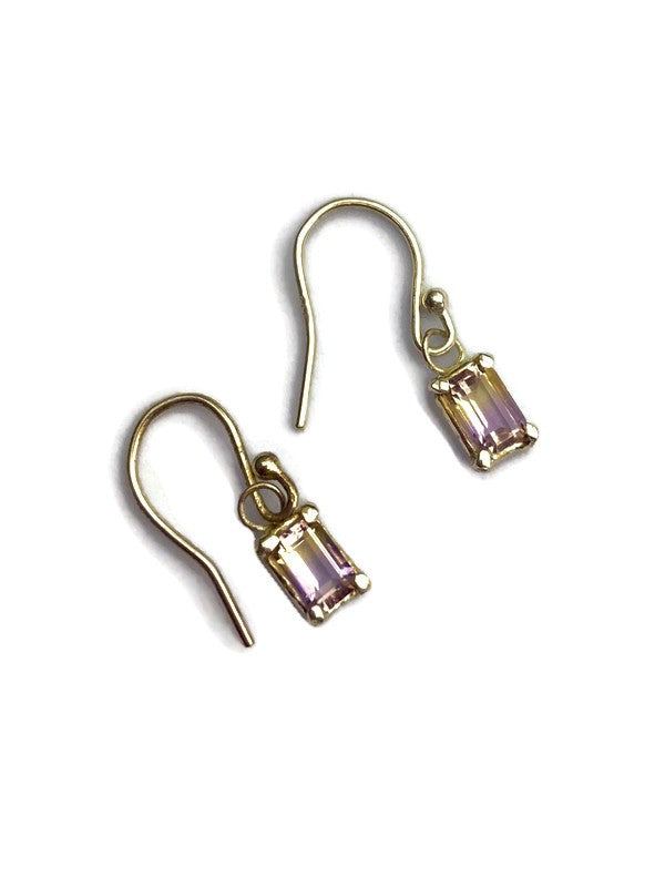 Kim Styles silver hook earrings set with ametrine gemstones on a white background