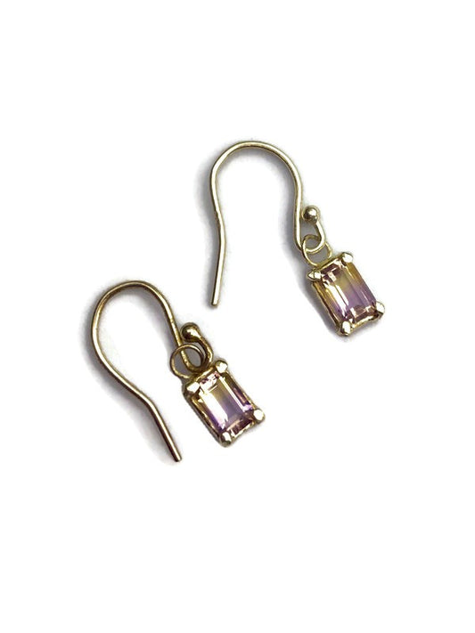 Kim Styles silver hook earrings set with ametrine gemstones on a white background