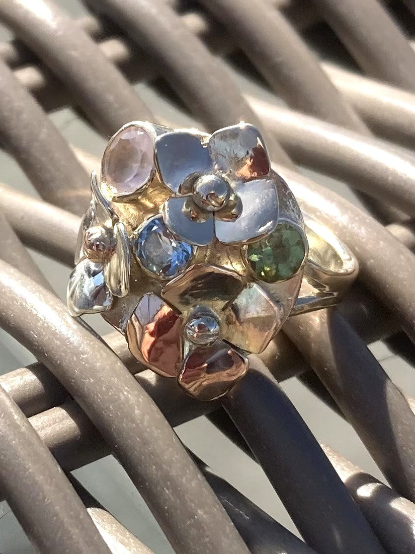 Sculptural Multi-Colour Gold Floral Gemstone Cluster Ring